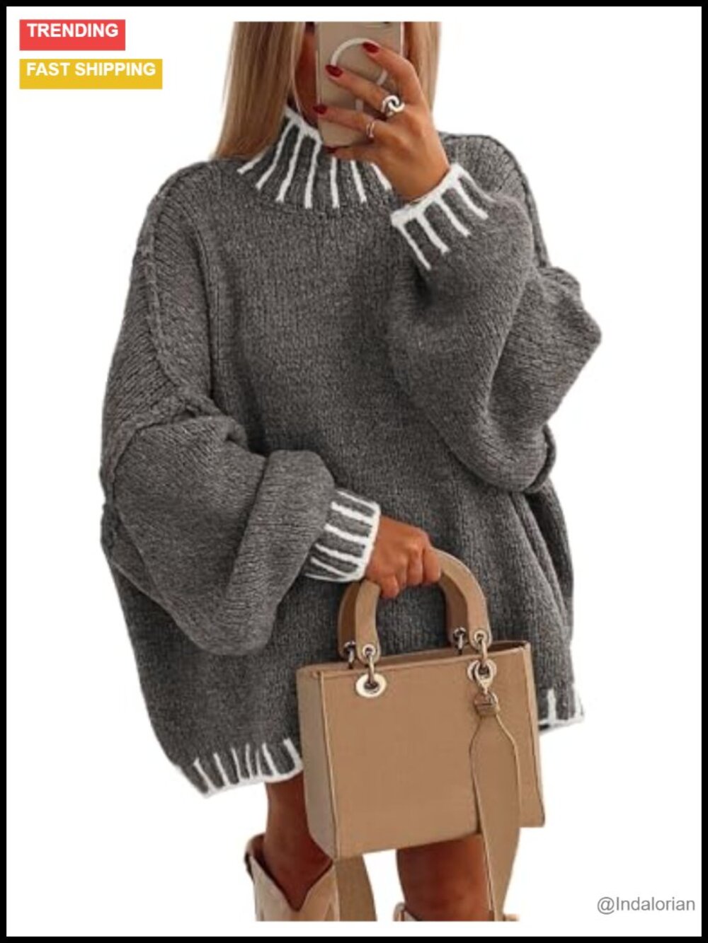 Mock Neck Oversized Pullover Sweater Long Sleeve Chunky Knit Tunic Women